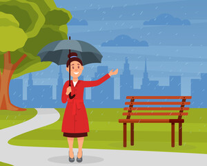 Woman with Umbrella Walking Outdoor in Autumn Enjoying Rainy Weather Vector Illustration