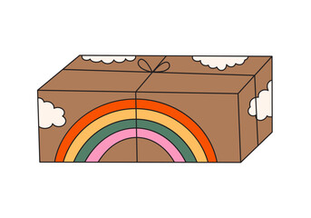 Cute cardboard gift box with rainbow and clouds drawings. Birthday or christmas surprise for a child. Simple craft package in cartoon style