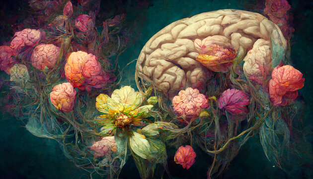 Mental Health Retro Background. Brain Made Of Flowers Color Digital Illustration