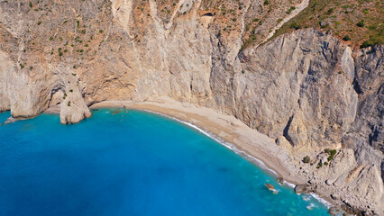 Fototapeta premium Aerial drone photo of beratiful secluded beaches near fishing village of Assos accessible only by boat, Kefalonia island, Ionian, Greece