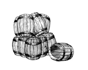 A group of wooden wine barrels. Vector illustration with black ink, isolated on a white background in a hand drawn style.