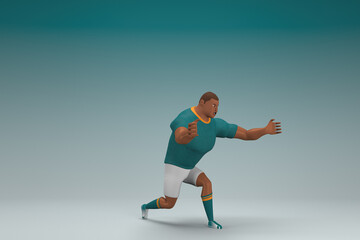 Fototapeta na wymiar An athlete wearing a green shirt and white pants. He is pulling or pushing something. 3d rendering of cartoon character in acting.