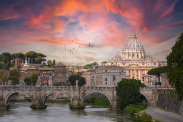 The beautiful and romantic view of St. Peter's Basilica in Vatican City and Ponte Vittorio Emanuel....