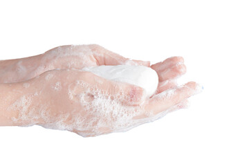 White soap in women's soapy hands on a transparent background. Photo with copy space. - obrazy, fototapety, plakaty