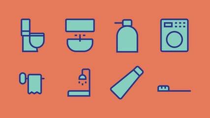 Modern sanitary ware icons set, shower stand, toilet paper icon, shower tray, wash basin, toothpaste, toothbrush, soap icons.