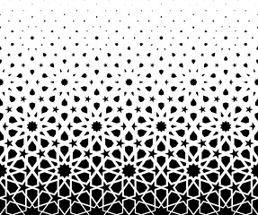 Geometric pattern of black figures on a white background. Seamless in one direction.SCALE method