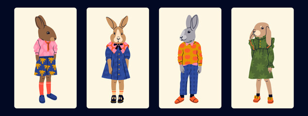 Fototapeta Various anthropomorphic Rabbits. Hand drawn Vector illustration. Cute cartoon creatures standing. Fashion animal characters. Different stylish clothes. Every bunny is isolated. New year symbol obraz