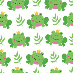 Obraz premium Cute vector seamless illustration with funny king frog on white background for your design