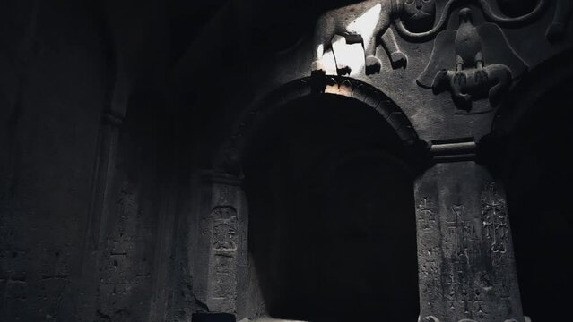 Jhamatun or first rock-cut chamber of Geghard monastery, Armenia