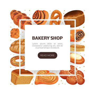 Baked Food Banner Design with Bread Loaf and Sweet Pastry for Bakeshop Vector Template