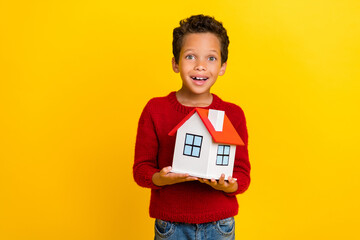 Photo portrait of adorable small boy excited hold mini house insurance dressed stylish red knitted...