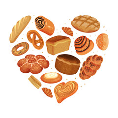 Baked Food Heart Composition with Bread Loaf and Sweet Pastry as Bakery Product Vector Template