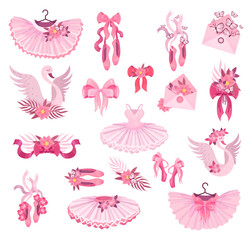 Pink Ballet Accessories with Tutu Skirt and Pointe Shoes Big Vector Set