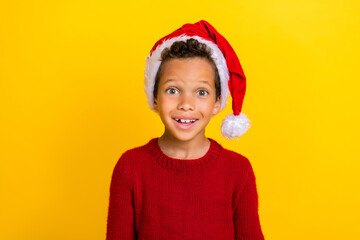 Photo portrait of adorable little pupil boy excited ready christmas wear trendy red knitwear outfit...