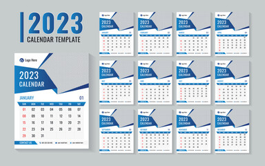 2023 New Year One page Wall Calendar Design Template. 12-month and one-page calendar, the week starts on Sunday. Modern corporate planner vector illustration.