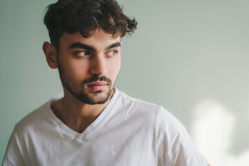 Fototapeta premium Young handsome man standing over green background looking away with natural expression. Isolated portrait. Green background. Positive person. Fashion model. Man