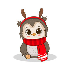 cute cartoon owl in a scarf with deer horns.
Owlet for your design of Christmas and New Year cards, banners, invitations.Vector illustration