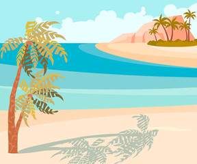Horizontal banner of abstract seascape with palm tree and island