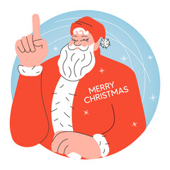 Christmas card with cute Santa Claus raised a finger for attention