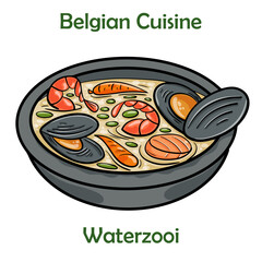 Waterzooi. Creamy soup with seafoods and vegetables close up. On white bakcground
