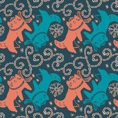 Fototapeta na wymiar Seamless winter pattern with cats