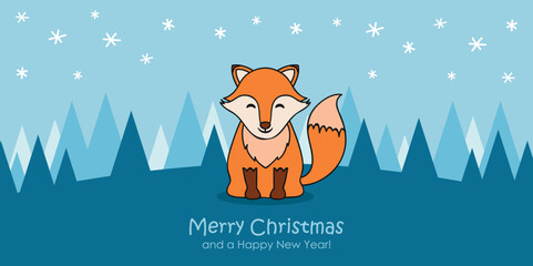 christmas greeting card with cute fox on snowy winter landscape