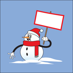 vintage cartoon flat cartoon character of a snowman with empty banner, vector illustration