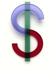 Naklejka premium Dollar sign made of several colored glass simple geometric shapes lying on top of each other with 3D effect and shadows on white background, 3d rendering