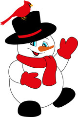 Cute snowman in a hat, scarf and mittens. Cardinal bird. Christmas and New Year.