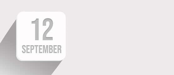 September 12nd. Day 12 of month, Calendar date. Calendar leaf icon on white with sunlight and long shadow, flat design. Autumn month, day of the year concept.