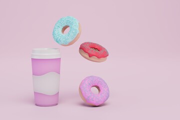 a glass of coffee and donuts with multi-colored glaze on a pastel background. 3D render