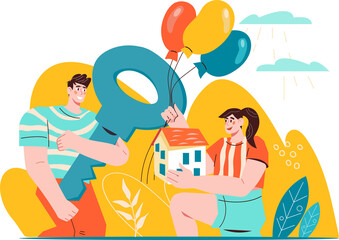 Home purchase or rental banner with people with house and key,  for real estate agency or mortgage advertisement.