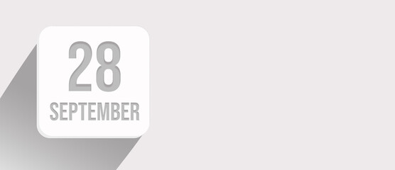September 28th. Day 28 of month, Calendar date. Calendar leaf icon on white with sunlight and long shadow, flat design. Autumn month, day of the year concept.