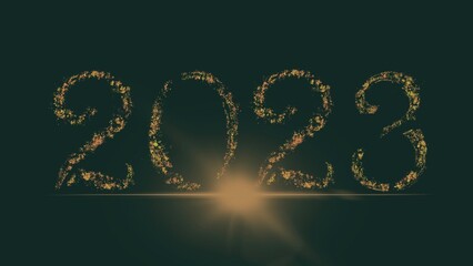 2023 New Year. 2023 Happy New Year greeting card. 2023 Happy New Year green background. 2023 Happy New Year background with colorful glitter  with flare