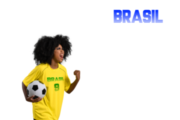woman holds soccer ball screams celebrating she wears yellow uniform, text Brazil, Portuguese language