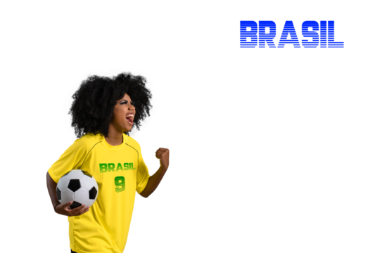 woman holds soccer ball screams celebrating she wears yellow uniform, text Brazil, Portuguese language