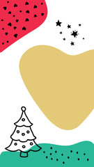 Christmas Social media stories and post templates. Background template with copy space for text and images. Abstract shapes in red and green and golden colors. Black dots. Christmas tree.