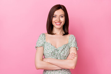 Fototapeta premium Photo of adorable confident girl dressed off shoulders outfit smiling arms crossed isolated pink color background