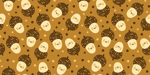 Autumn Vector Seamless Pattern With Cute Cartoon Smiling Acorns and Dots on a Brown Background. Children's print, textile design, packaging paper. Funny Forest Characters.