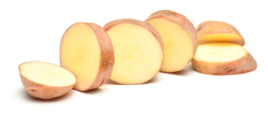 one sliced raw potato close up, the object is isolated on a white background