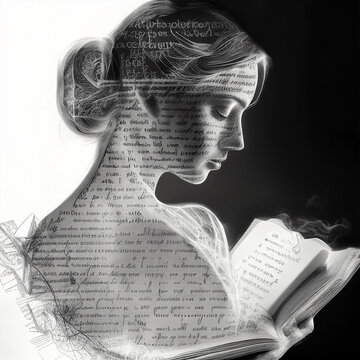 abstract double exposure between an AI generated beautiful woman reading a book and handwritten text, black and white - this image doesn't require model release