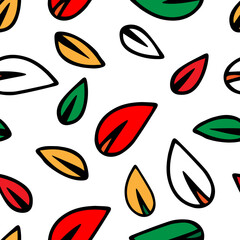 Vector Illustration of color doodle leaves isolated on a white background, Seamless pattern