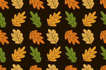 Autumn Vector Seamless Pattern With Multicolored Oak Leaves on a Black Background. Forest Natural Print, Textile Design, Packaging Paper. Leaves In Autumn Bright Colors.