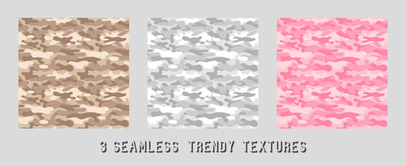Trendy pink camouflage military pattern. Vector camouflage pattern for clothing design. Camouflage Set