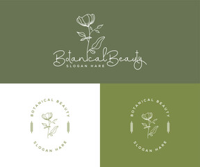 Abstract vector logo design with wild flower and leaves symbol for cosmetics beauty products