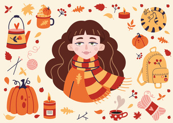 Cozy autumn set of fall design elements, cartoon style. Girl in a warm scarf, fallen leaves, hot drinks and items for needlework bundle. Trendy modern vector illustration, hand drawn, flat