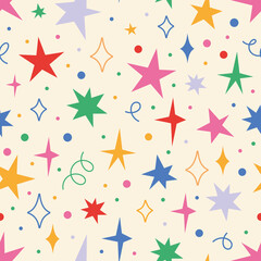Obraz premium Seamless pattern with stars and sparks, cartoon style. Christmas, birthday print in vibrant colors on a light background. Trendy modern vector illustration, hand drawn, flat