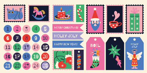 Christmas set with cute characters and winter cozy elements, cartoon style. Labels, postage stamps and advent calendar numbers for decoration of the holiday. Trendy vector illustration, flat