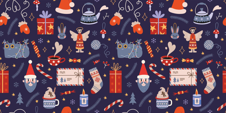 Christmas seamless pattern with cute winter cozy elements on a dark background, cartoon style. Trendy modern vector illustration, hand drawn, flat