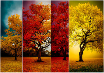 A colorful tree is shown with different colors and seasons depicted on it, illustrating how time passes through the year and the weather.